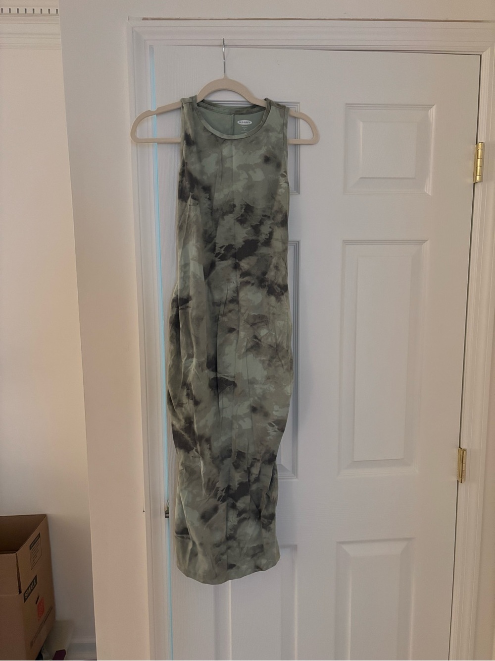 Maternity Sleeveless Olive Tie-Dye Midi Dress